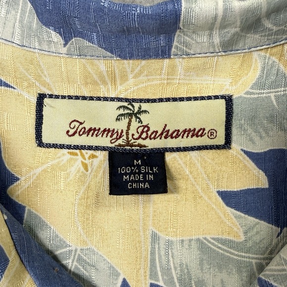 Tommy Bahama 100% Silk Hawaiian Shirt M Blue Yellow Floral Camp Button Front - Picture 4 of 10